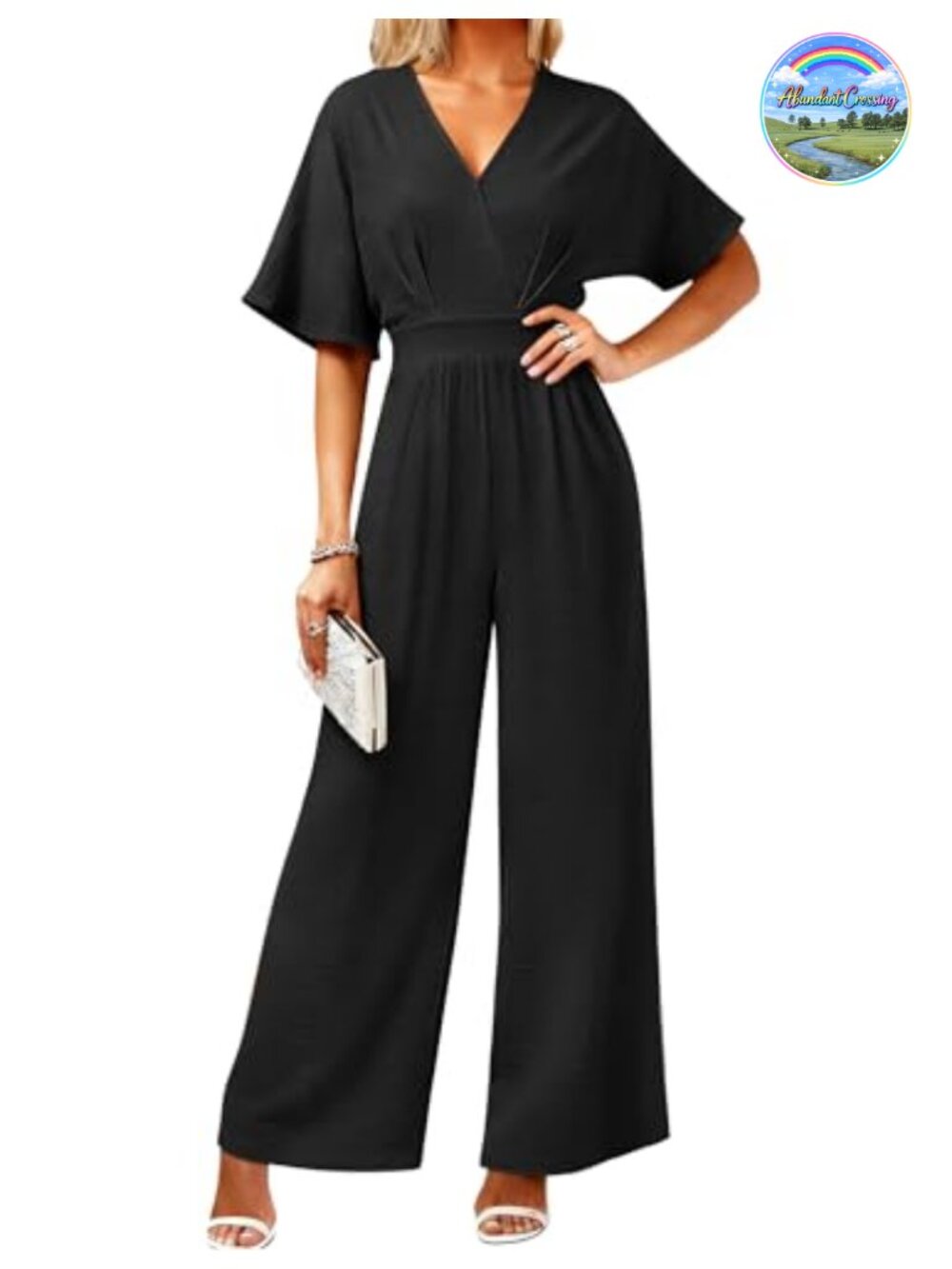 Women's Wide Leg Jumpsuit V-Neck Batwing Sleeve Dressy Casual One Piece